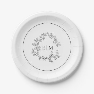 Modern White Black Leafy Crest Monogram Wedding Paper Plate