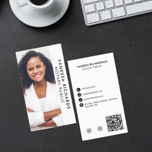 Modern White & Black Notary Vertical Photo QR Code Business Card
