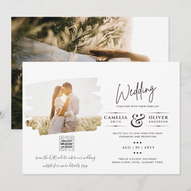 Modern White & Black PHOTO Wedding Invitation QR (Front/Back)