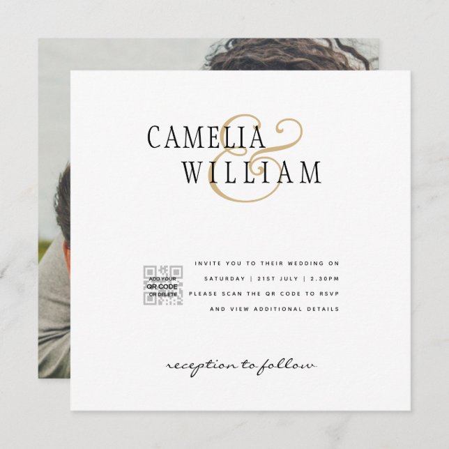 Modern White & Black PHOTO Wedding Invitation QR (Front/Back)