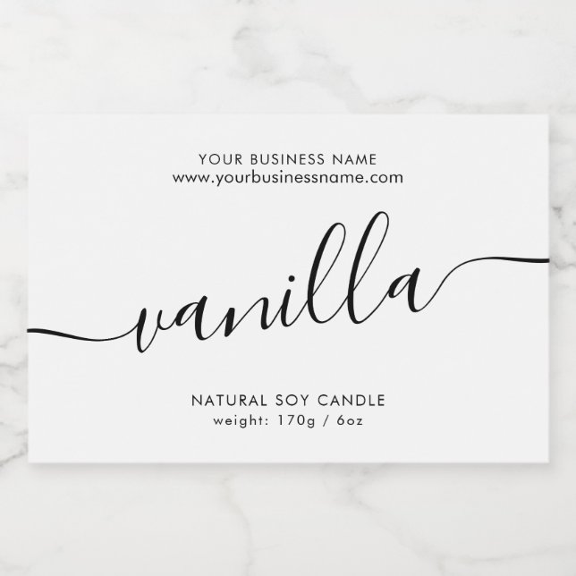 Modern white black script candle product label (Single Label)