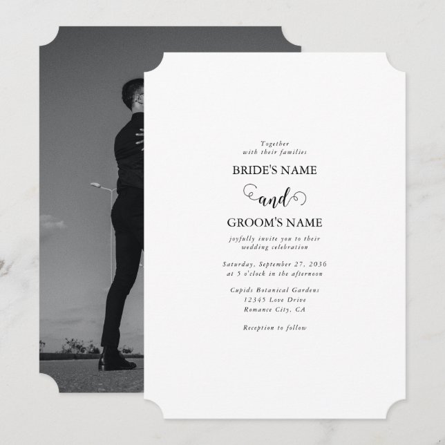 Modern White & Black Script Couple Photo Wedding Invitation (Front/Back)