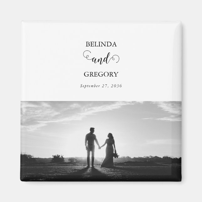 Modern White & Black Script Couple Photo Wedding  Magnet (Front)