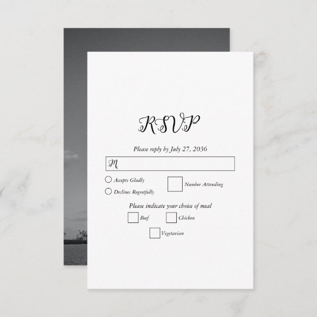 Modern White & Black Script Couple Photo Wedding RSVP Card (Front/Back)