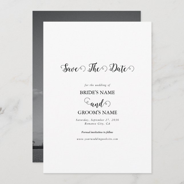 Modern White & Black Script Couple Photo Wedding Save The Date (Front/Back)