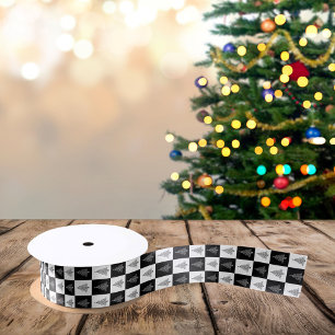 Modern White & Black Squares Christmas Trees Satin Ribbon