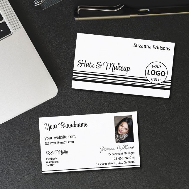 Modern White Black Stripes with Logo and Photo Business Card (Creator Uploaded)