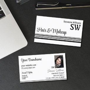 Modern White Black Stripes with Monogram and Photo Business Card