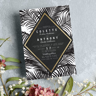 Modern White Black Tropical Palm Frond Wedding Invitation