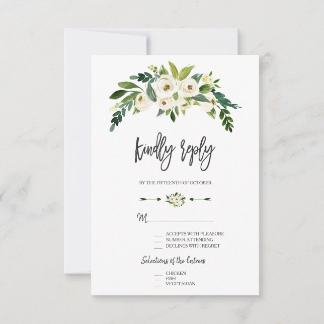 Modern White Blooming Floral Handwriting RSVP (Front)