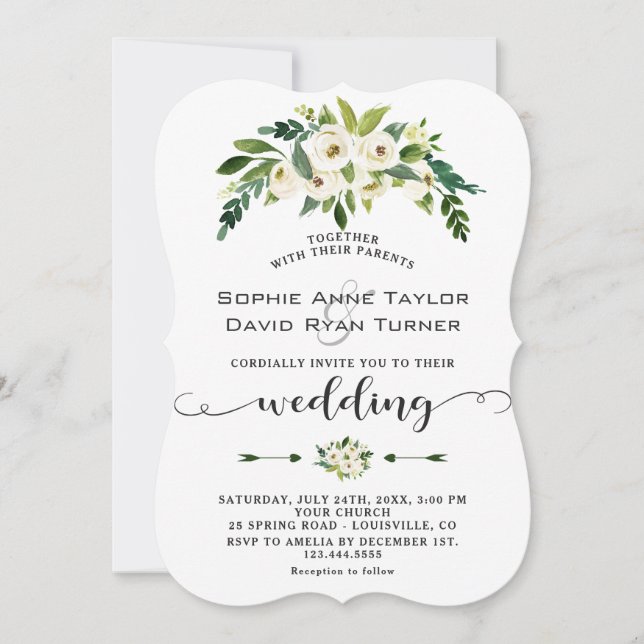 Modern White Blooming Floral Handwriting Wedding Invitation (Front)