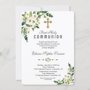 Modern White Blooming Floral Holy Communion Invitation