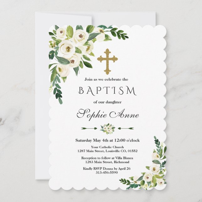 Modern White Blooming Floral Peonies Baptism Invitation (Front)