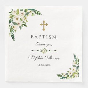 Modern White Blooming Floral Peonies Baptism Napkin