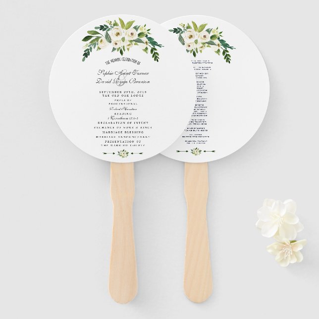 Modern White Blooming Floral Wedding Program Hand Fan (Front and Back)