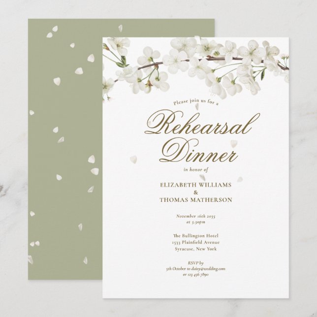 Modern White Blossom Floral Rehearsal Dinner Invitation (Front/Back)