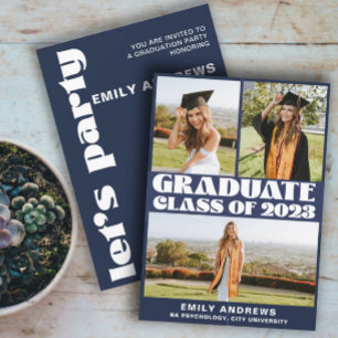 Modern White & Blue 3 Photo Grad Party Invitation