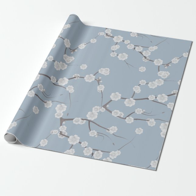 Modern White Blue Cherries Blossom Floral Pattern Wrapping Paper (Unrolled)