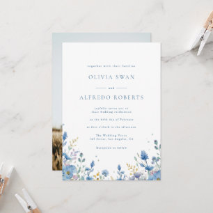 Modern White Blue Floral With Photo Wedding Invitation
