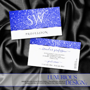 Modern White Blue Glitter Sparkling Stars Monogram Business Card