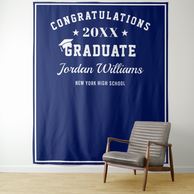 Modern White Blue Graduation Photo Prop Backdrop Tapestry (In Situ)