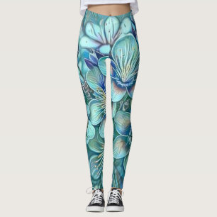 Modern White Blue Green Cherry Blossom Watercolor  Leggings