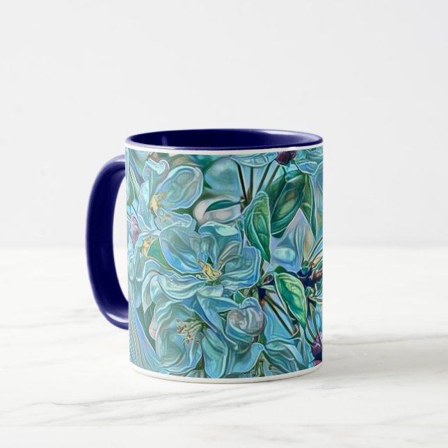 Modern White Blue Green Cherry Blossom Watercolor  Mug (Front Left)