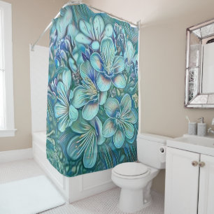 Modern White Blue Green Cherry Blossom Watercolor  Shower Curtain