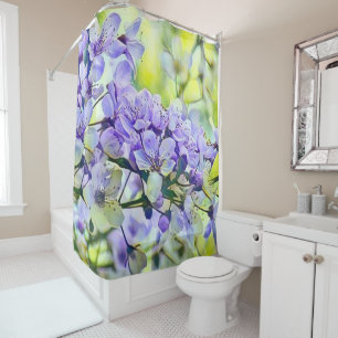 Modern White Blue Green Cherry Blossom Watercolor Shower Curtain