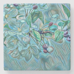Modern White Blue Green Cherry Blossom Watercolor  Stone Coaster