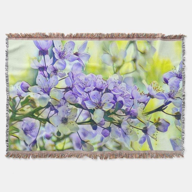 Modern White Blue Green Cherry Blossom Watercolor  Throw Blanket (Front)