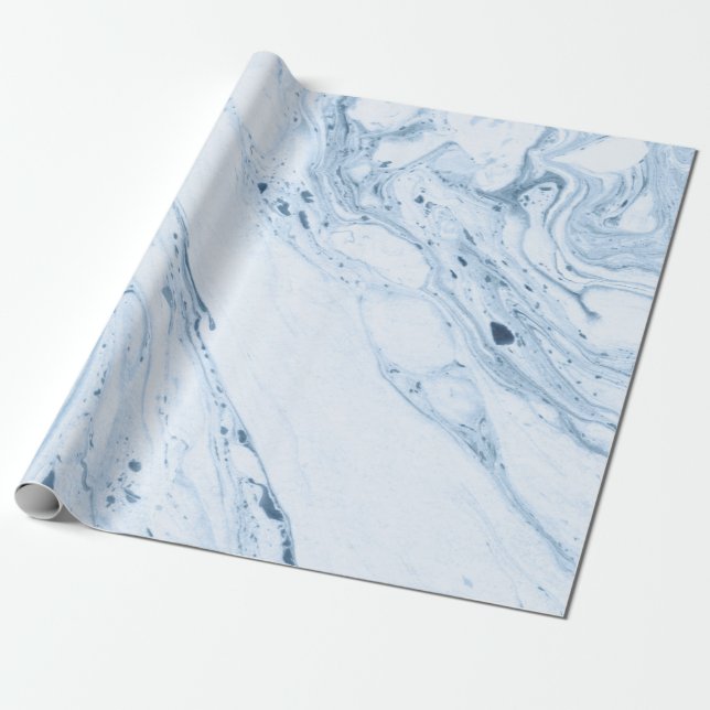 Modern White & Blue-Grey Marble Swirls Wrapping Paper (Unrolled)