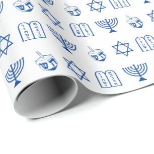 Modern white blue Jewish Icons pattern Hanukkah Wrapping Paper