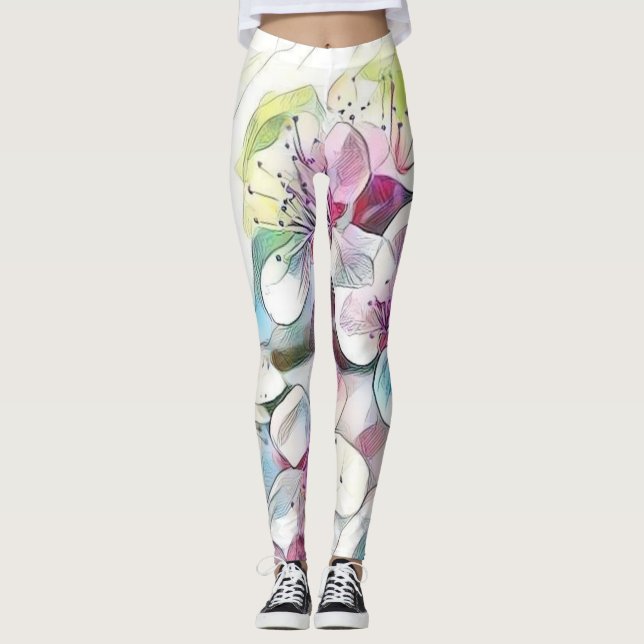 Modern White Blue Pink Cherry Blossom Watercolor Leggings (Front)