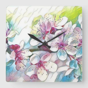 Modern White Blue Pink Cherry Blossom Watercolor   Square Wall Clock