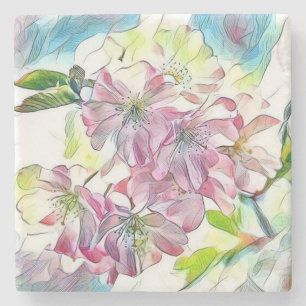 Modern White Blue Pink Cherry Blossom Watercolor Stone Coaster