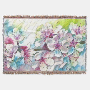 Modern White Blue Pink Cherry Blossom Watercolor Throw Blanket