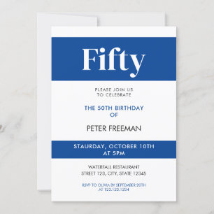 Modern White & Blue Typography 50th Birthday Invitation