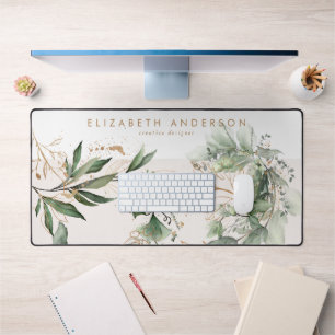 Modern White Blush Gold Eucalyptus Corporate Large Desk Mat