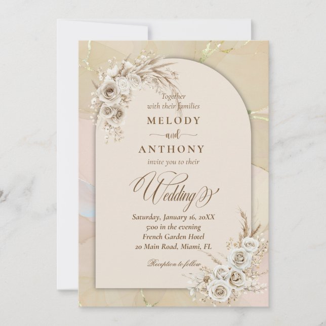 Modern White Boho Floral Arch Wedding Invitation (Front)