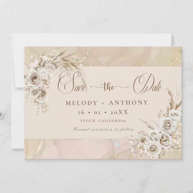 Modern White Boho Floral Wedding Save The Date Car (Front)