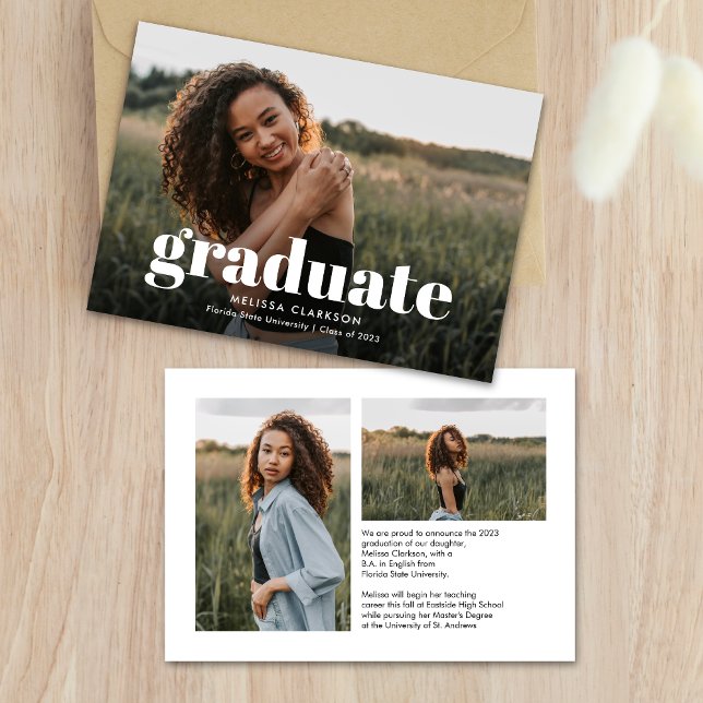 Modern White Bold Graduate Text Photo Graduation Announcement (Creator Uploaded)