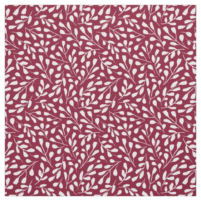 Modern White Botanical Leaf Pattern Burgundy Red Fabric (Swatch)