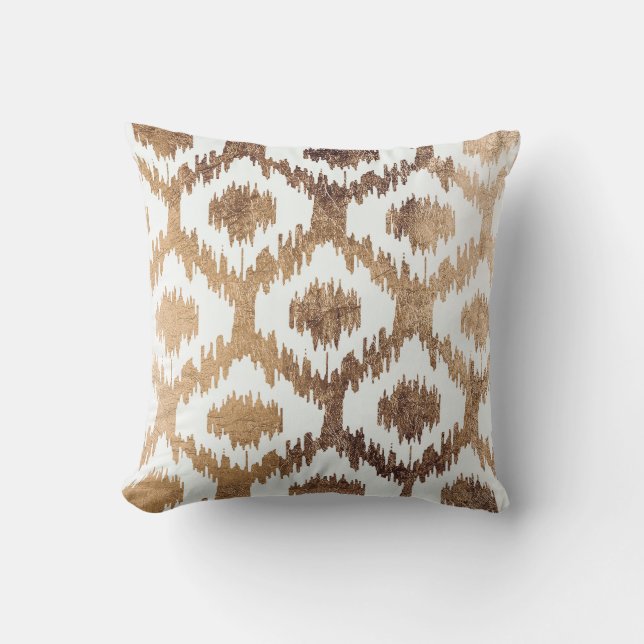 Modern white brass gold ikat elegant pattern cushion (Front)