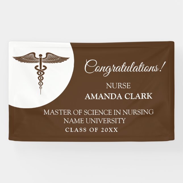 Modern White & Brown Caduceus Nurse Rn Graduation Banner (Horizontal)