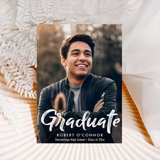 Modern white brush lettering graduation invitation postcard (Creator Uploaded)