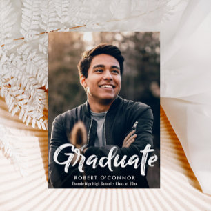 Modern white brush lettering graduation invitation postcard