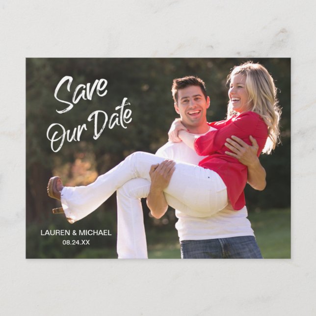 Modern White Brush Script Save the Date Wedding Postcard (Front)