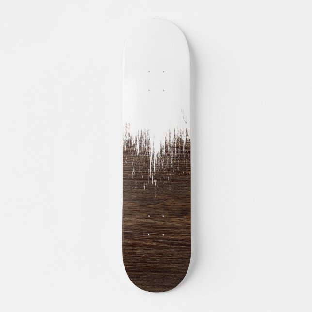 Modern white brush strokes paint rustic brown wood skateboard (Front)