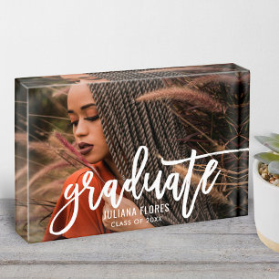 Modern White Brushed Script Graduate Photo Block